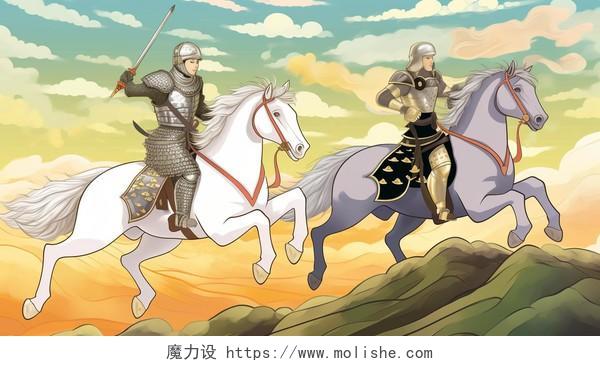 两个骑马的将军三国演义人物卡通AI插画